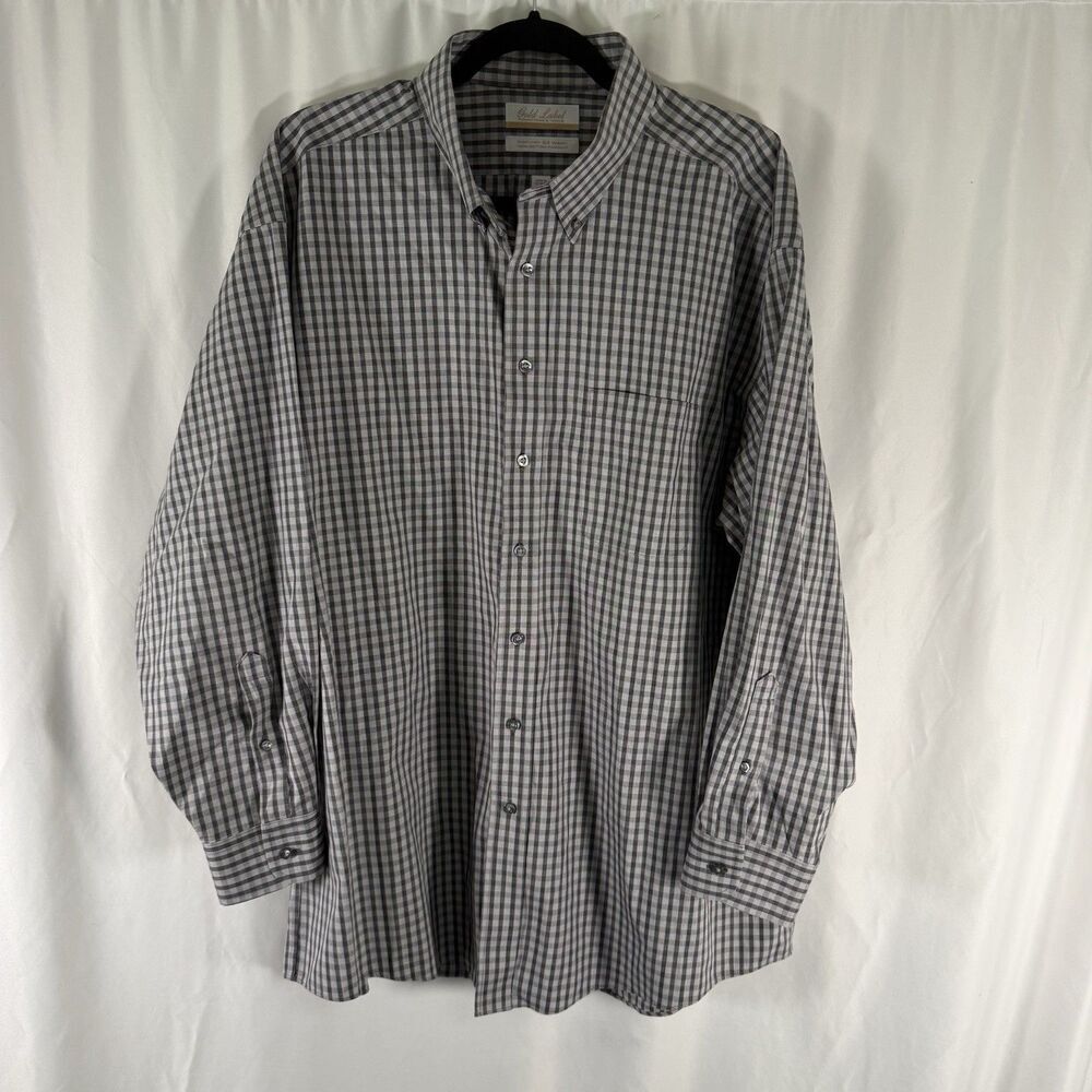 Roundtree Yorke Dress Shirt Men's 17.5 33 Grey Plaid Button Up Long Sleeve Colla